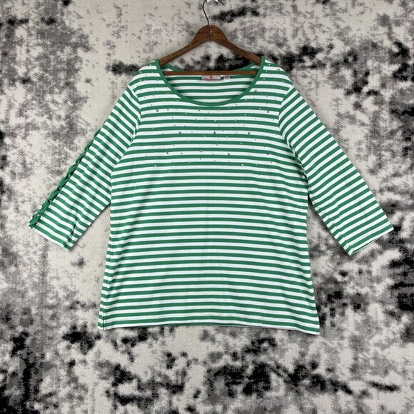 Quacker Factory Top Womens Size Large Green Striped Rhinestone Cross Lace Sleeve - Picture 1 of 14